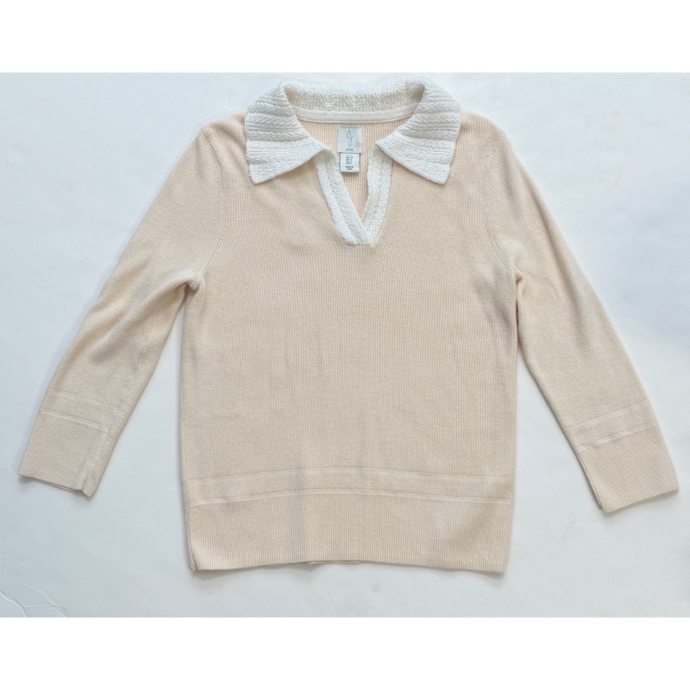 Joie Ribbed Knit Polo Sweater Cream & White Contrast Collar Size Small